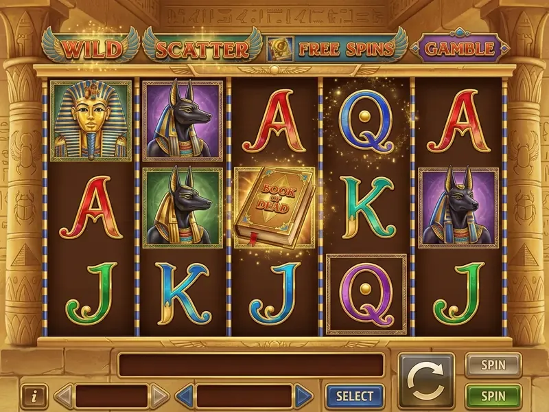 Book of Dead slot — układ bębnów z symbolami Rich Wilde, Horus, Anubis, Ozyrys i Złotej Księgi