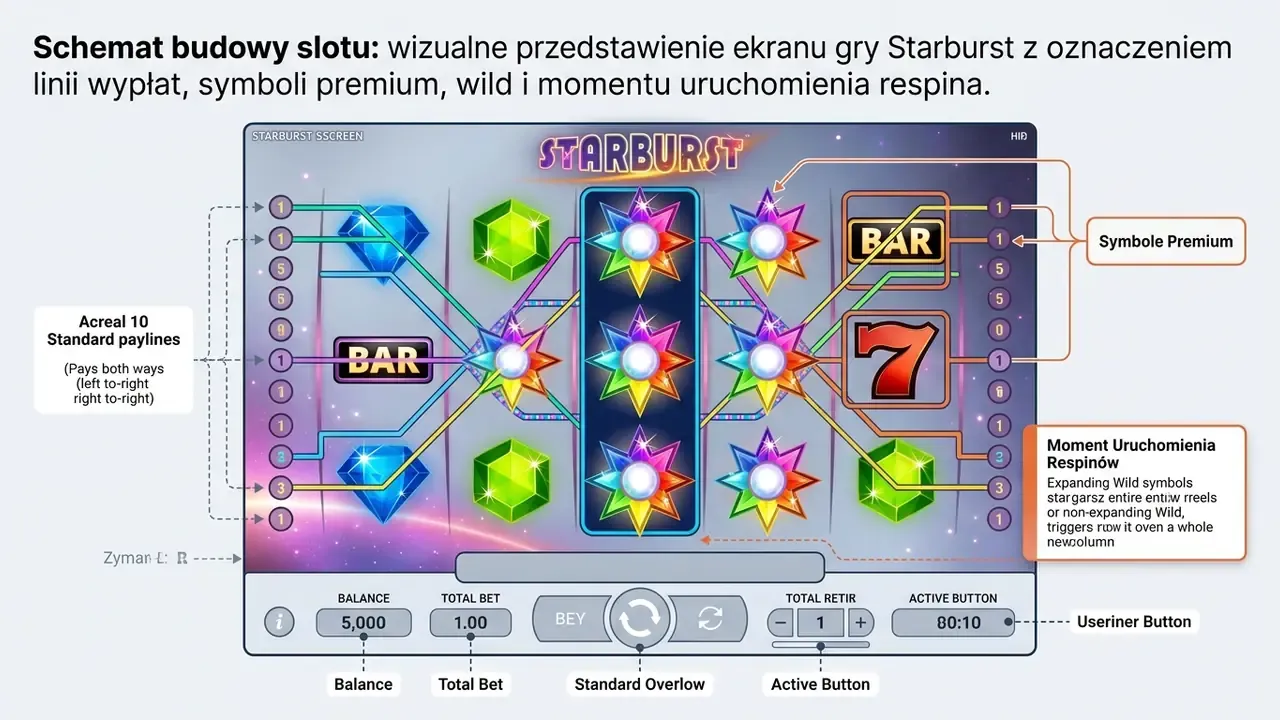 starburst slot — schemat ekranu gry z liniami i symbolami